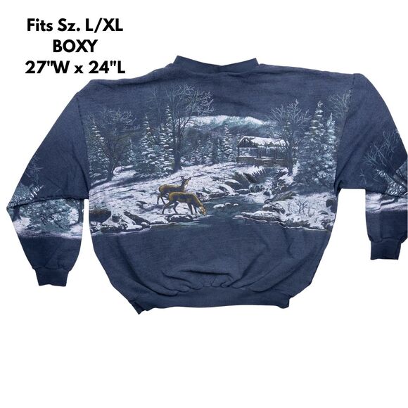 Vintage Art Unlimited Winter Cabin All Over Print Mock Neck Sweatshirt XL - Picture 3 of 13